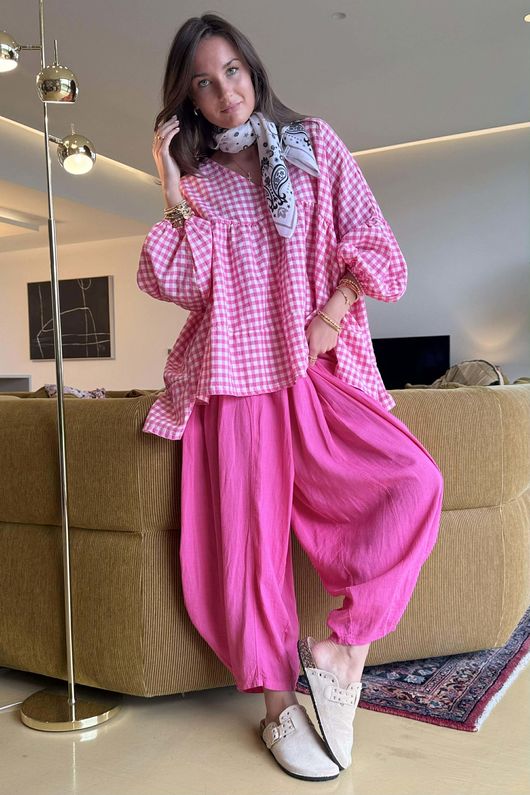 Nonni Gingham Artist Smock Hot Pink